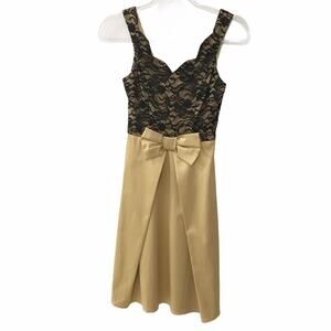 Rock Steady Modcloth Gold Sleeveless Dress w/ Black Lace Bodice Overlay Bow - XS